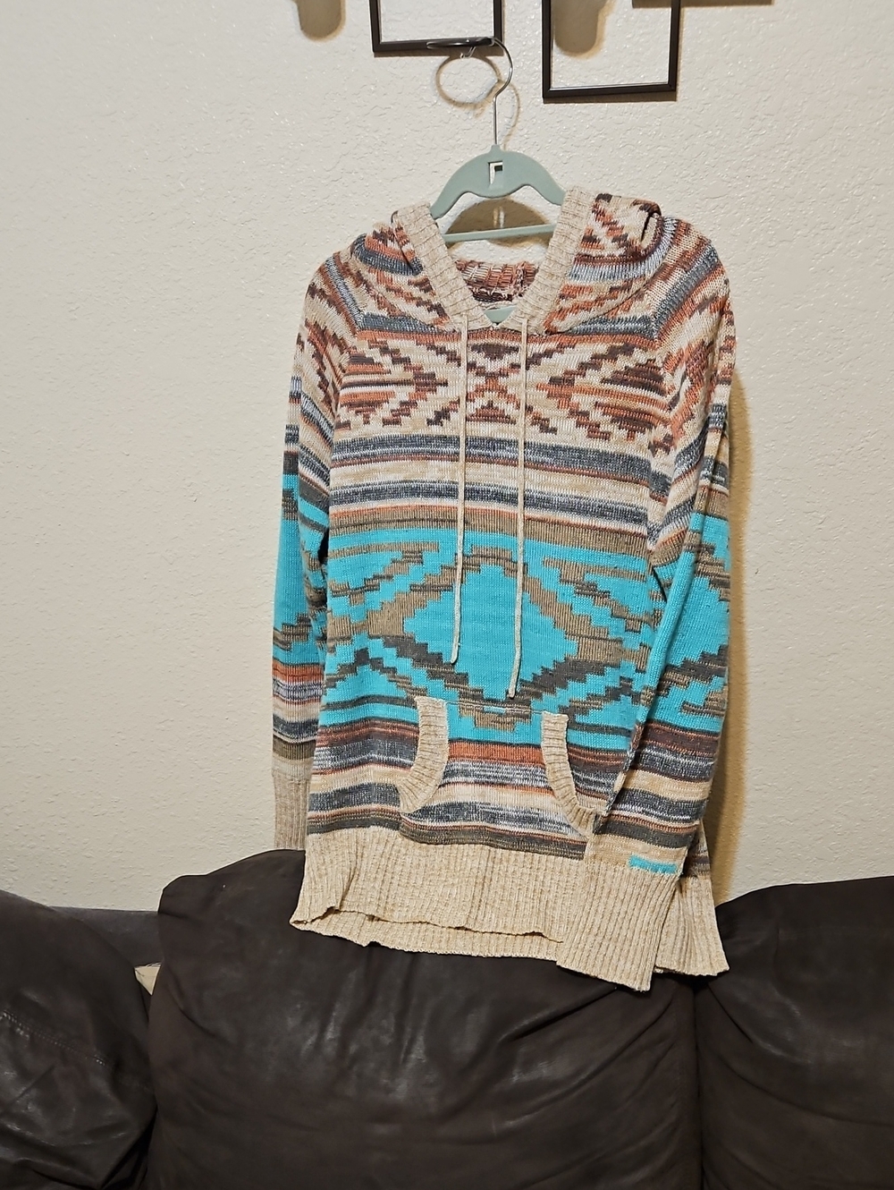 Nostalgia Turquoise, Beige & Brown Aztec Striped Hooded Turtleneck Sweater